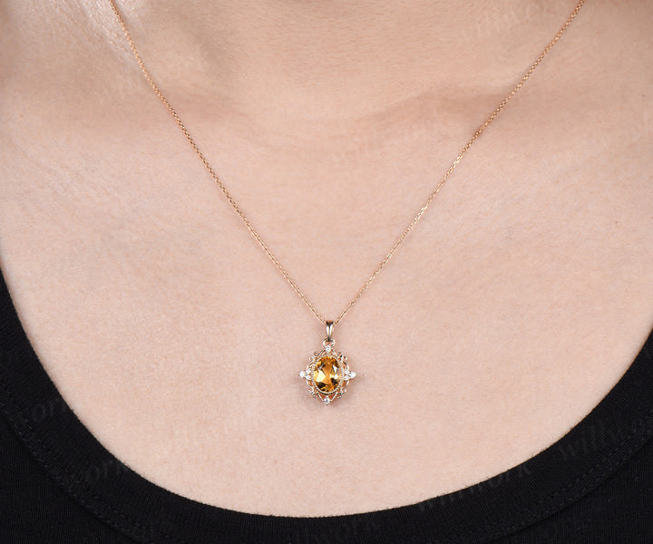 Vintage Oval Cut November Birthstone Natural Citrine Necklace Milgrain 14k yellow Gold Crystal Citrine Pendant Birthday Necklace Women