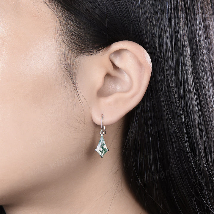 Kite cut moss agate stud earrings solid 14k white gold Solitaire Minimalist earrings anniversary gift for women