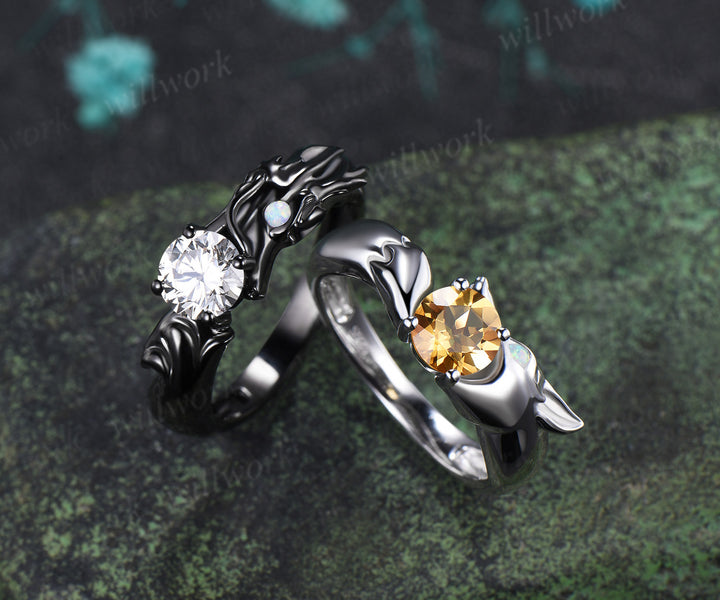 Dragon Moissanite & Fox Citrine Couple Ring Set Fantasy Animal Engagement Rings Unique Promise Wedding Ring