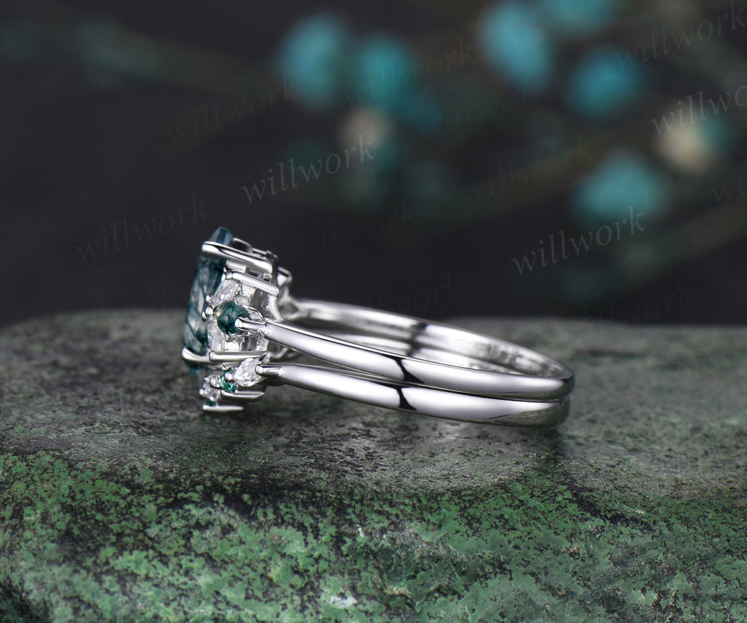 Long hexagon cut moss agate engagement ring set white gold cluster marquise diamond ring women emerald stacking anniversary gift