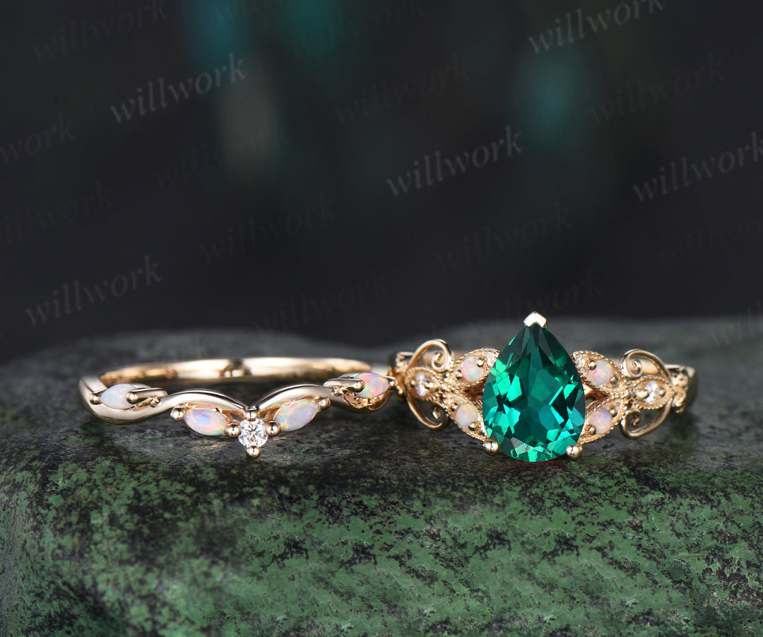 Pear shaped green emerald ring 14k yellow gold opal butterfly Milgrain engagement ring set women art deco unique wedding ring set