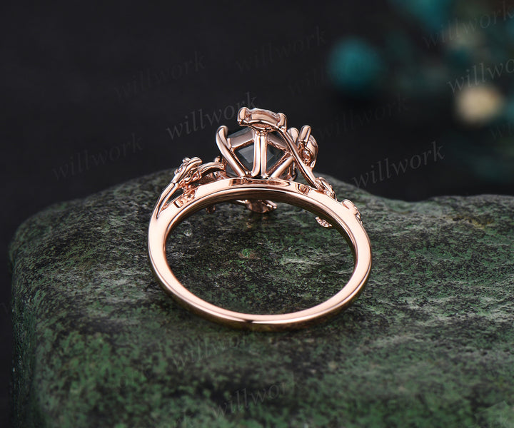 Hexagon cut moss agate ring twig nature inspired engagement ring rose gold leaf marquise diamond promise ring women