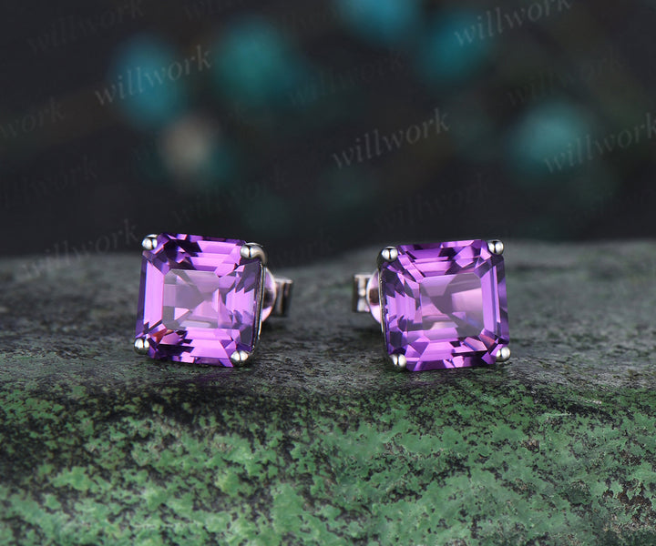 Solitaire Asscher Cut amethyst Earrings white gold Crystal Stud Earrings women February birthstone anniversary gift