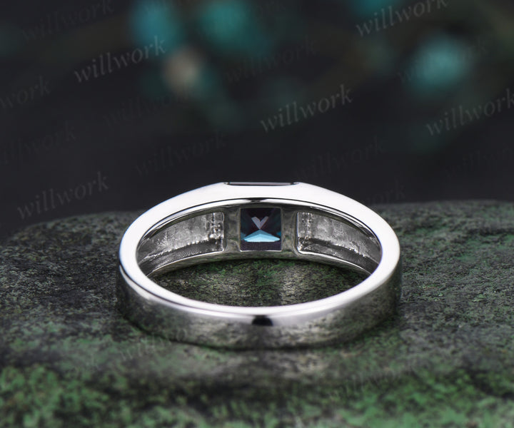 Princess Cut Color-Change Alexandrite mens Wedding Band solid 14k white gold Color-Change Gemston Unique Anniversary Gifts men