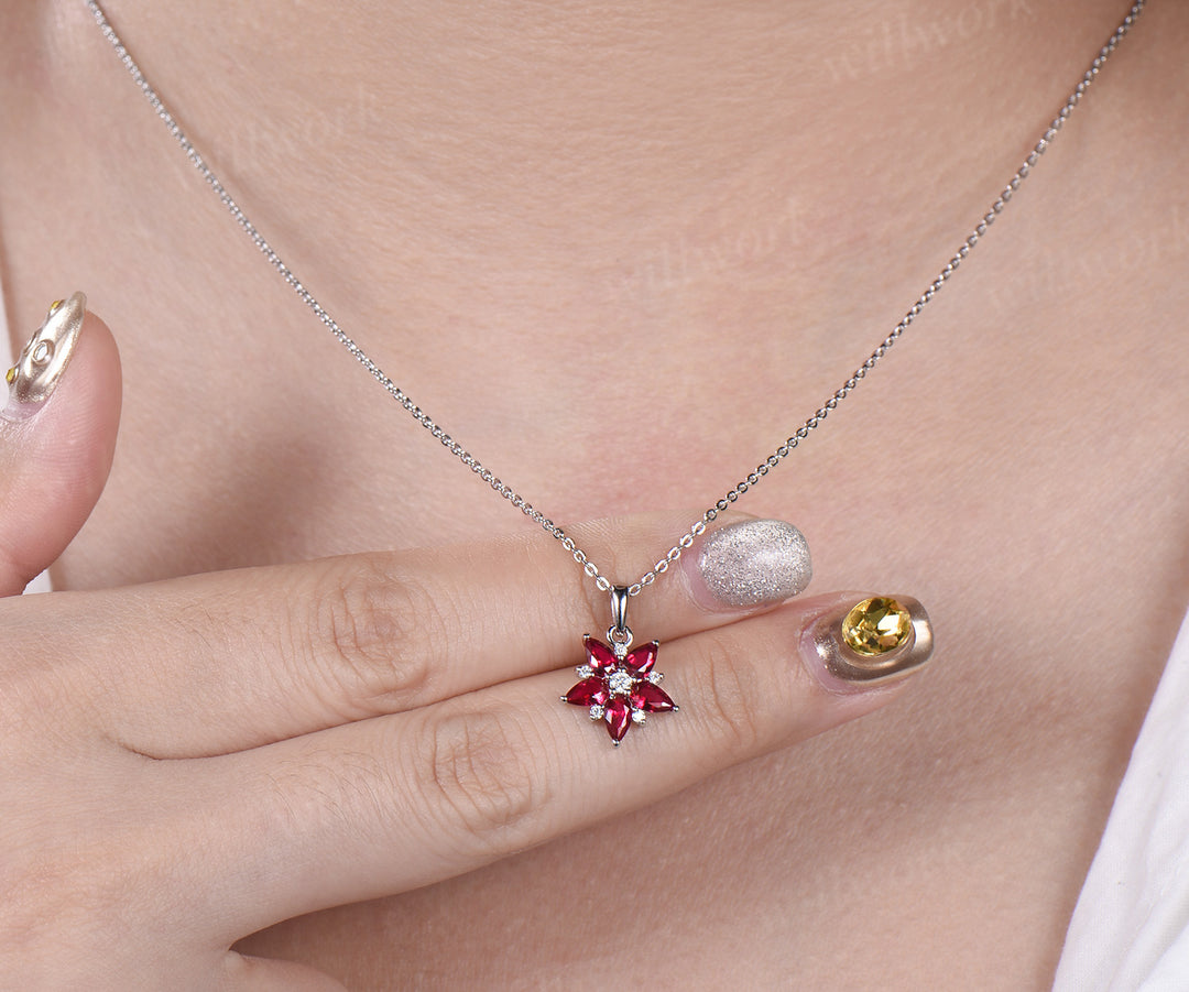 Unique pear red ruby necklace white gold cluster dainty snowdrift diamond pendant women July birthstone anniversary gift