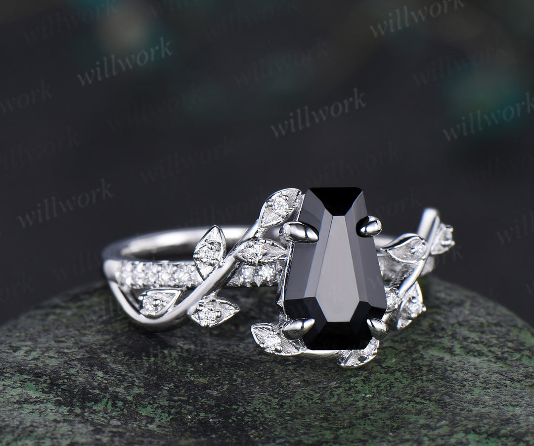 Coffin black onyx engagement ring 14k white gold nature inspired leaf diamond anniversary ring gift women