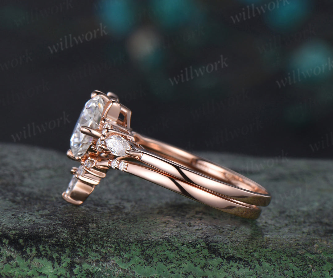 Round cut moissanite ring rose gold vintage unique cat engagement ring stacking diamond wedding promise ring set women