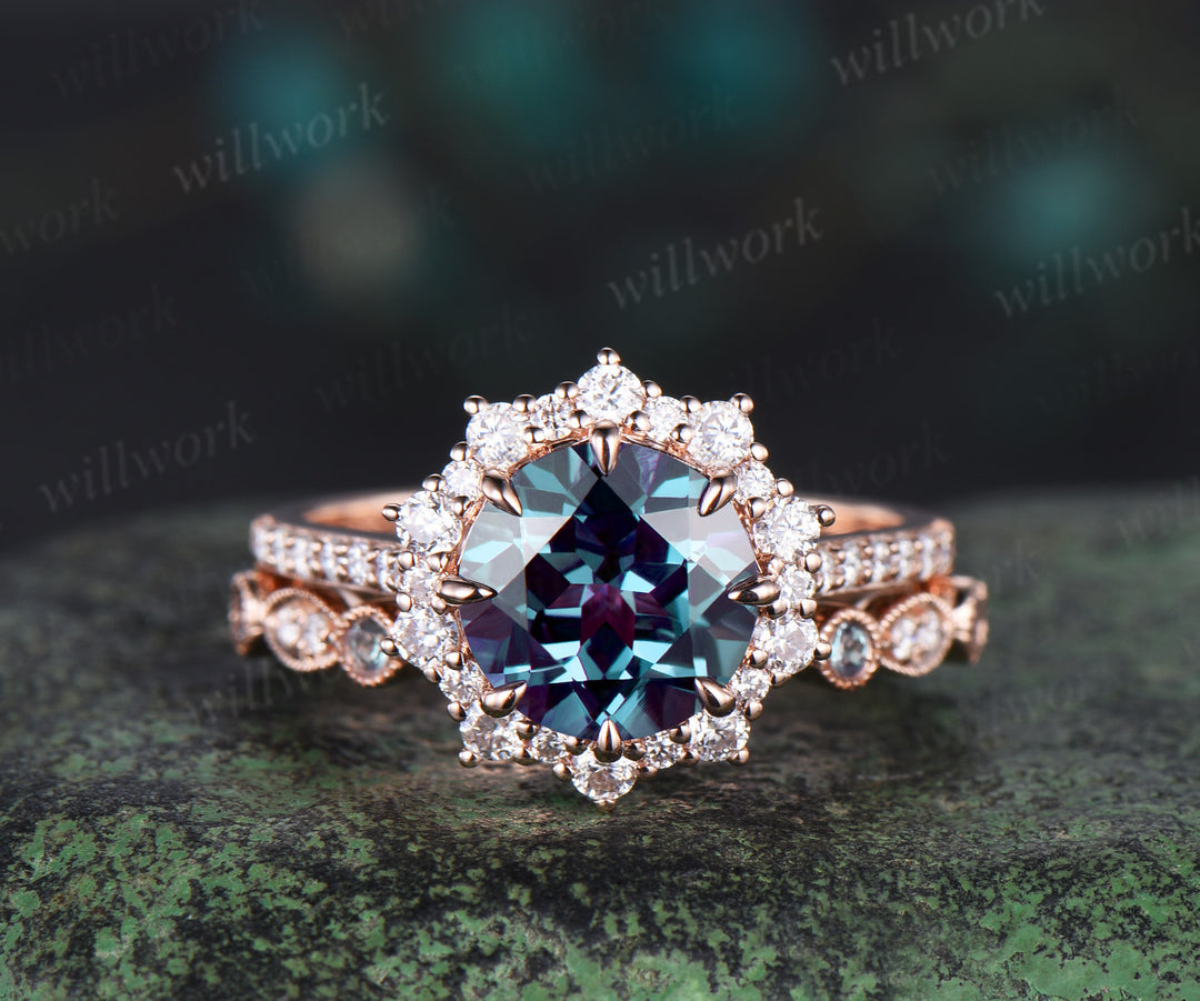 Round cut Alexandrite engagement ring set rose gold milgrain halo half eternity snowdrift diamond ring women unique moissanite bridal ring set