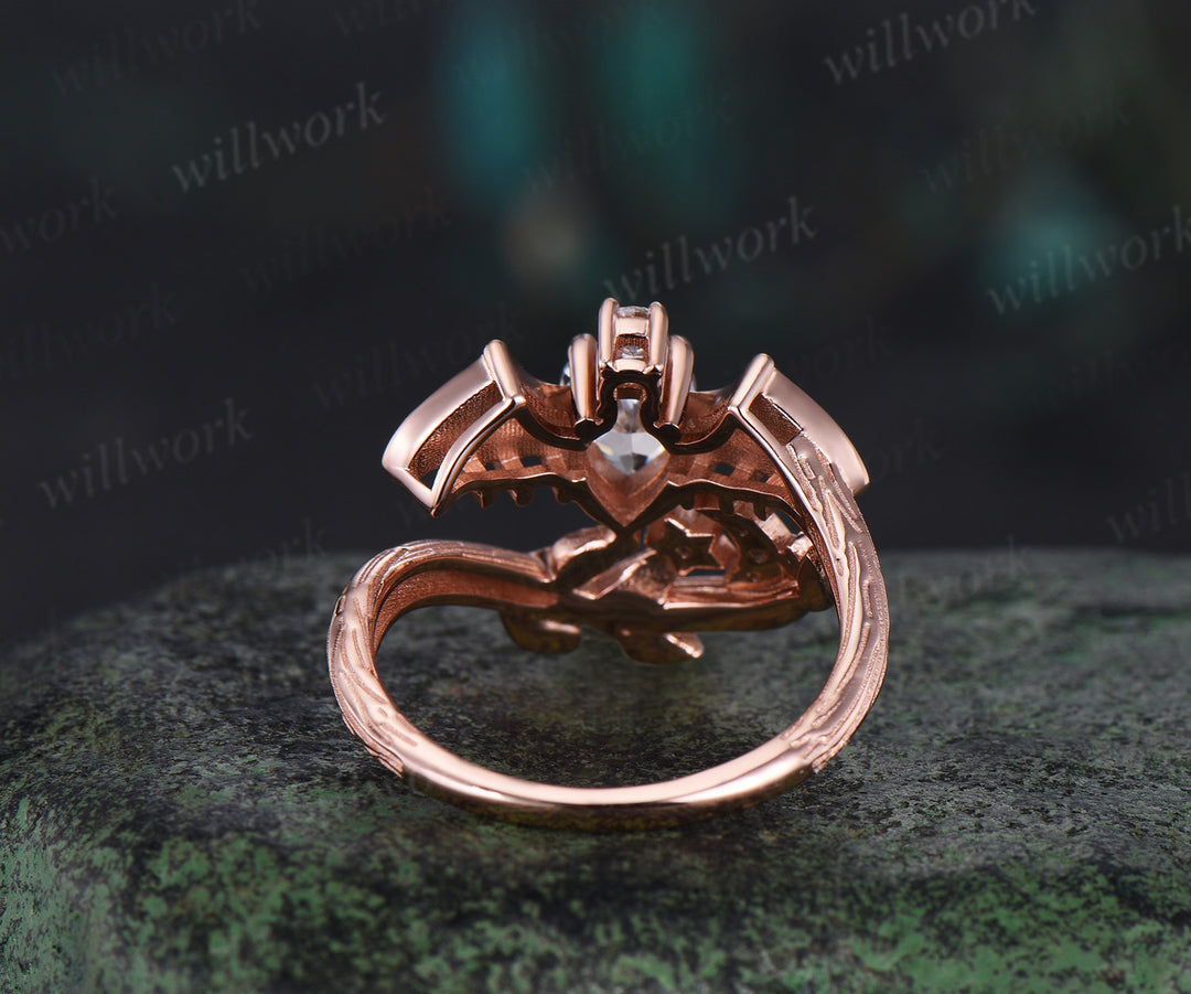 Pear shaped moissanite ring vintage rose gold moon bat engagement ring 14k rose gold retro leaf star diamond promise wedding ring women