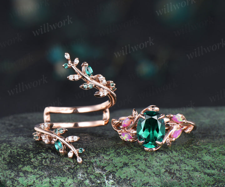Vintage oval emerald engagement ring set marquise purple opal leaf ring marquise emerald moissanite vine wedding band bridal set