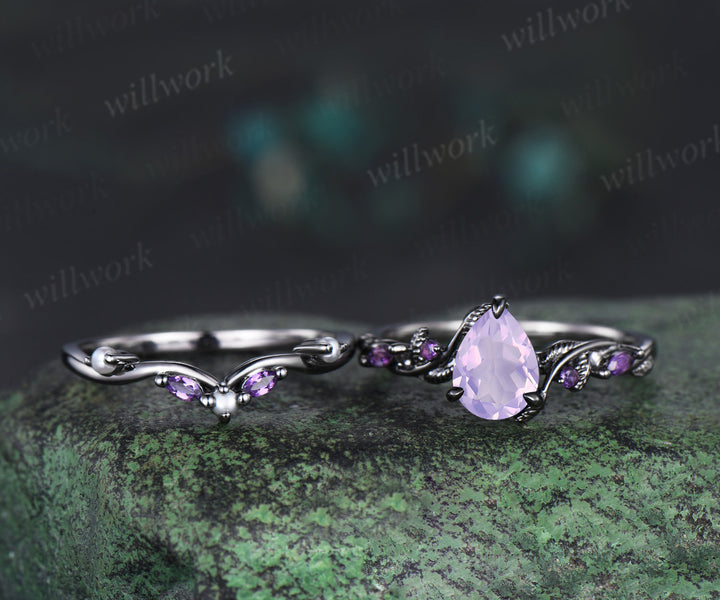 Nature Inspired Pear Lavender Amethyst pearl Bridal Set 14k black gold Unique Twig Vine Teardrop Engagement Ring Ring Set women