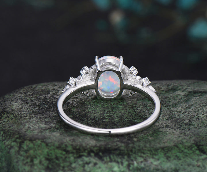 Oval opal ring vintage white gold leaf engagement ring Trilliant amethyst cluster moissanite wedding ring gift