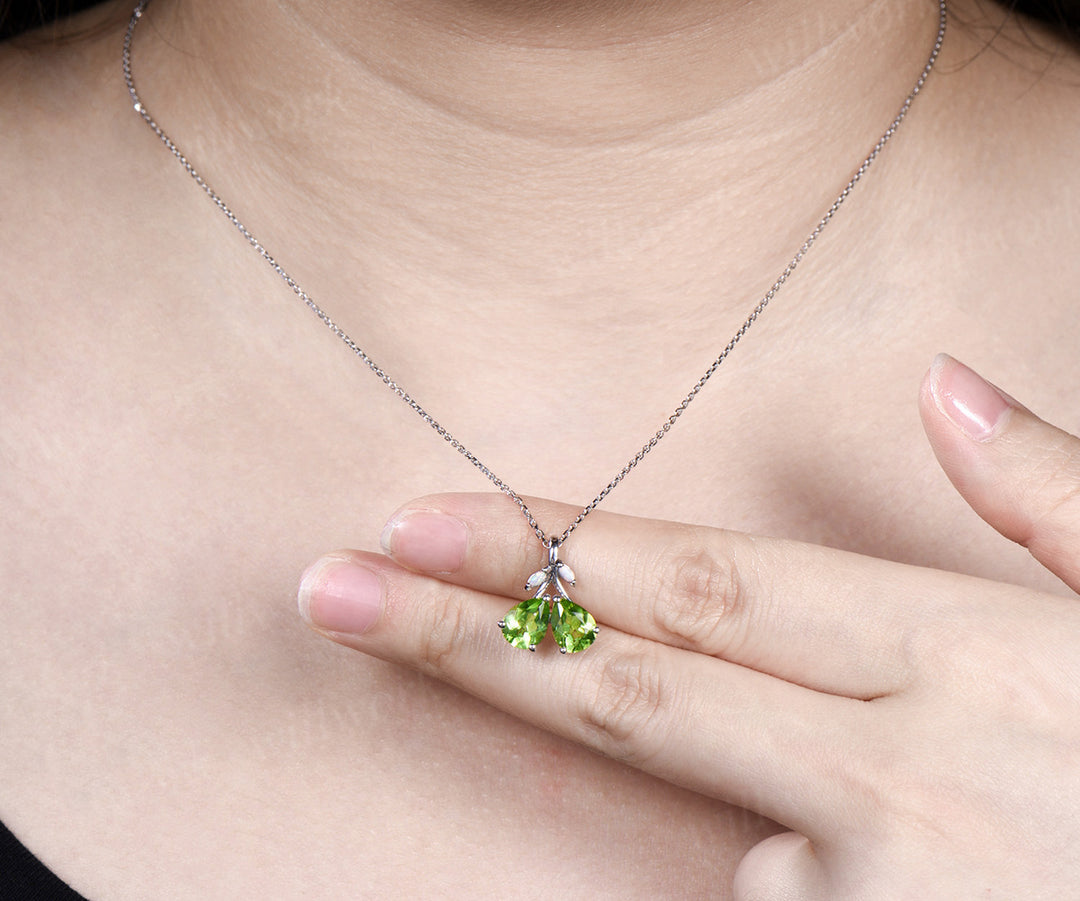 Pear Teardrop Cut Natural peridot Pendant Necklace Opal Leaf Twig Branch Couple August Birthstone Gift