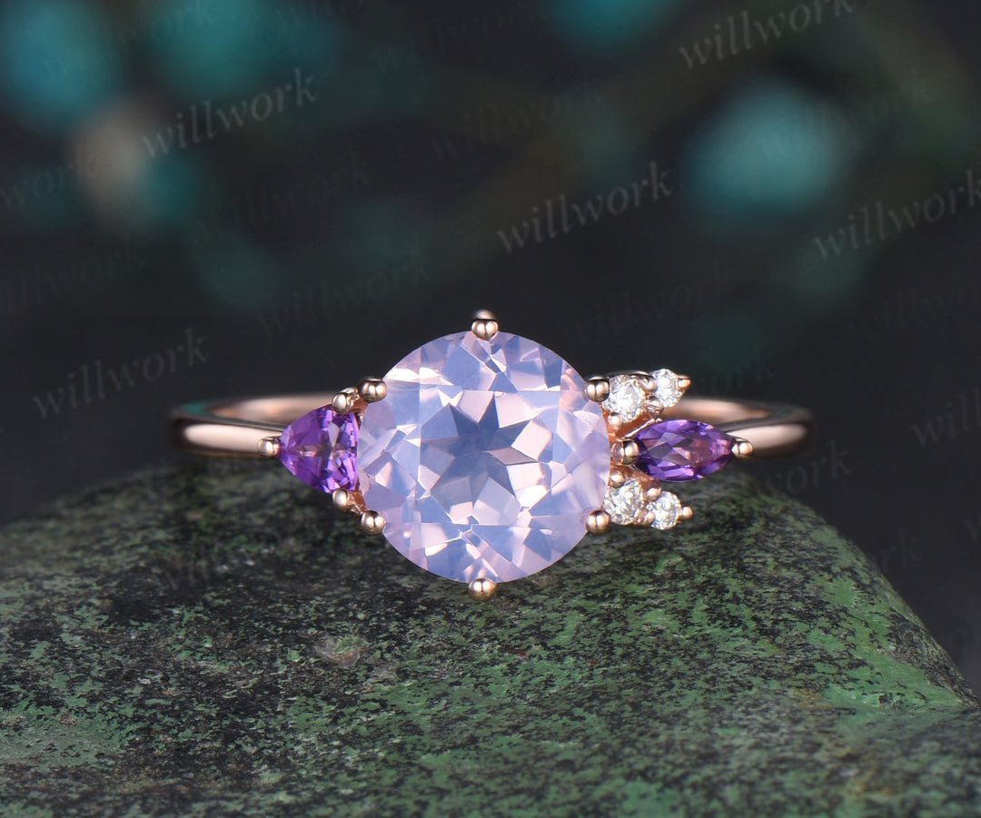 Round cut Lavender Amethyst engagement ring solid 14k rose gold Crystal cluster diamond bridal anniversary ring set women