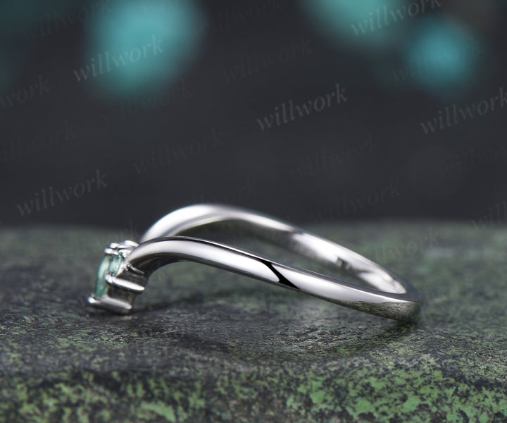 Curved green sapphire wedding band vintage three stone stacking ring women matching band