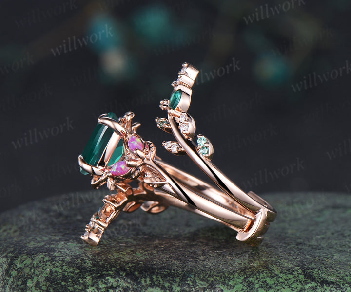 Vintage oval emerald engagement ring set marquise purple opal leaf ring marquise emerald moissanite vine wedding band bridal set