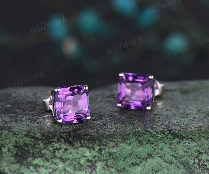 Solitaire Asscher Cut amethyst Earrings white gold Crystal Stud Earrings women February birthstone anniversary gift