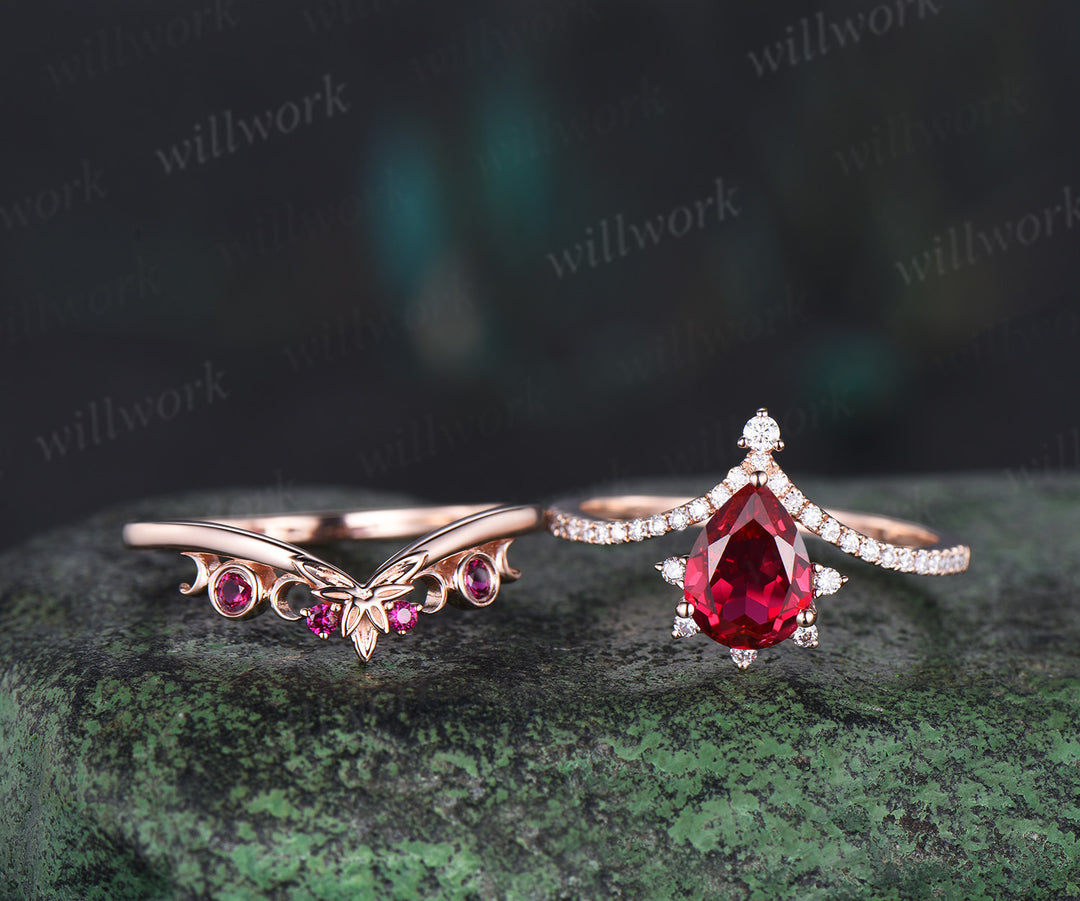 Pear red ruby ring vintage half eternity cluster rose gold engagement ring set moon bezel anniversary gift women