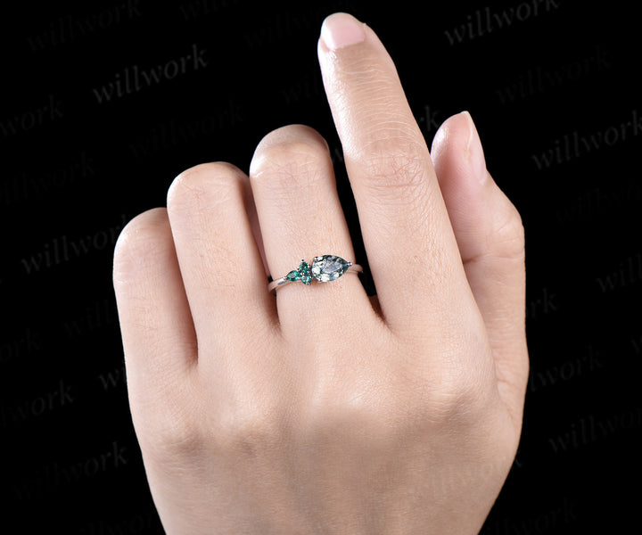 Pear cut moss agate ring white gold East to west emerald four stone unique engagement ring women dainty anniversary gift