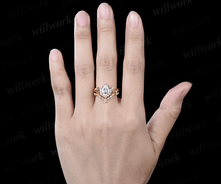 Pear cut Lab grown diamond engagement ring vintage infinity diamond leaf ring set stacking unique wedding promise ring women gift