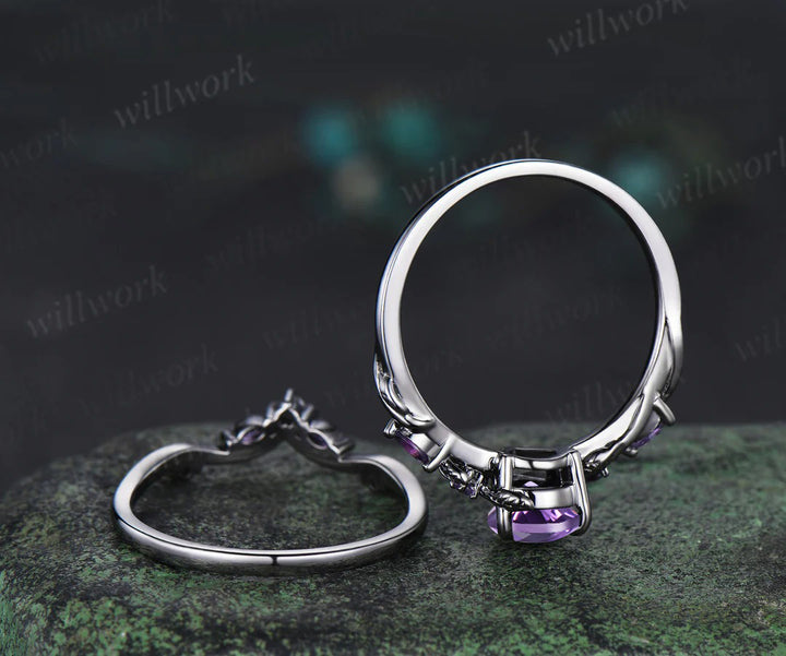 Nature Inspired Pear Amethyst Bridal Set Twisted Unique Twig Vine Teardrop Engagement Ring Set women