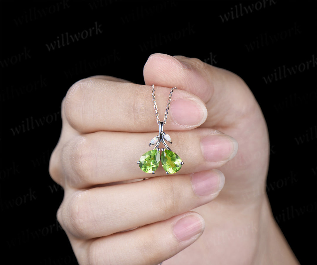 Pear Teardrop Cut Natural peridot Pendant Necklace Opal Leaf Twig Branch Couple August Birthstone Gift