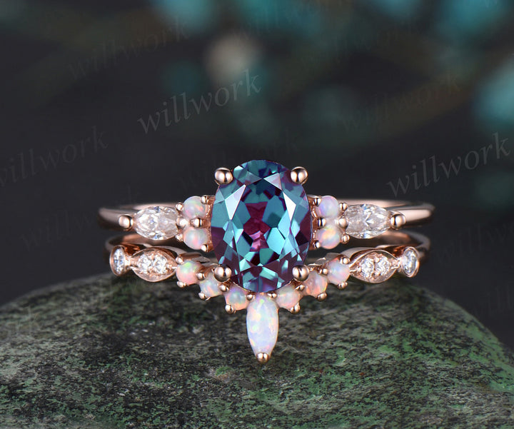 3pc oval cut alexandrite bridal set 18k rose gold alexandrite engagement ring set marquise opal stacking wedding set women