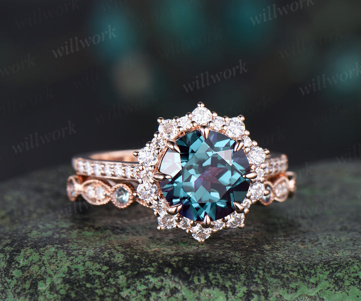 Round cut Alexandrite engagement ring set rose gold milgrain halo half eternity snowdrift diamond ring women unique moissanite bridal ring set