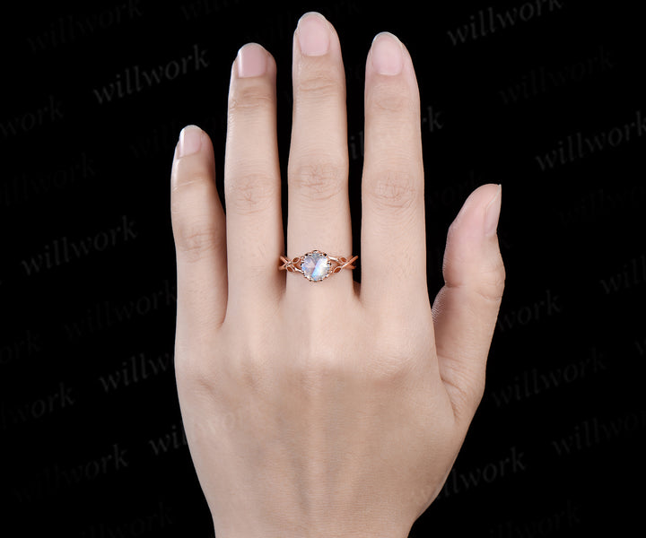 Vintage round rose cut moonstone engagement ring solid 14k rose gold infinity marquise leaf diamond wedding ring set women