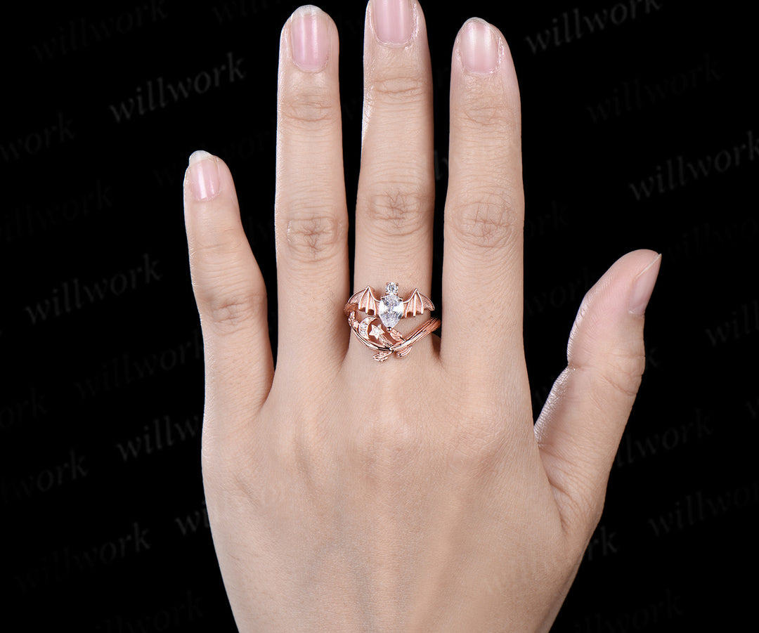 Pear shaped moissanite ring vintage rose gold moon bat engagement ring 14k rose gold retro leaf star diamond promise wedding ring women