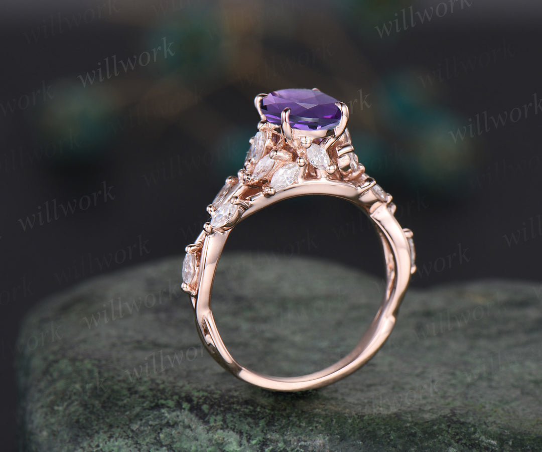 Natural Oval amethyst engagement ring vintage floral twig art deco moissanites ring nature inspired ring promise anniversary gifts for women