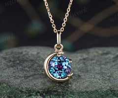 Minimalist June Birthstone Round Alexandrite Necklace Unique Moon Pendant Delicate Color Change Stone Solitaire Necklace Jewelry Gift