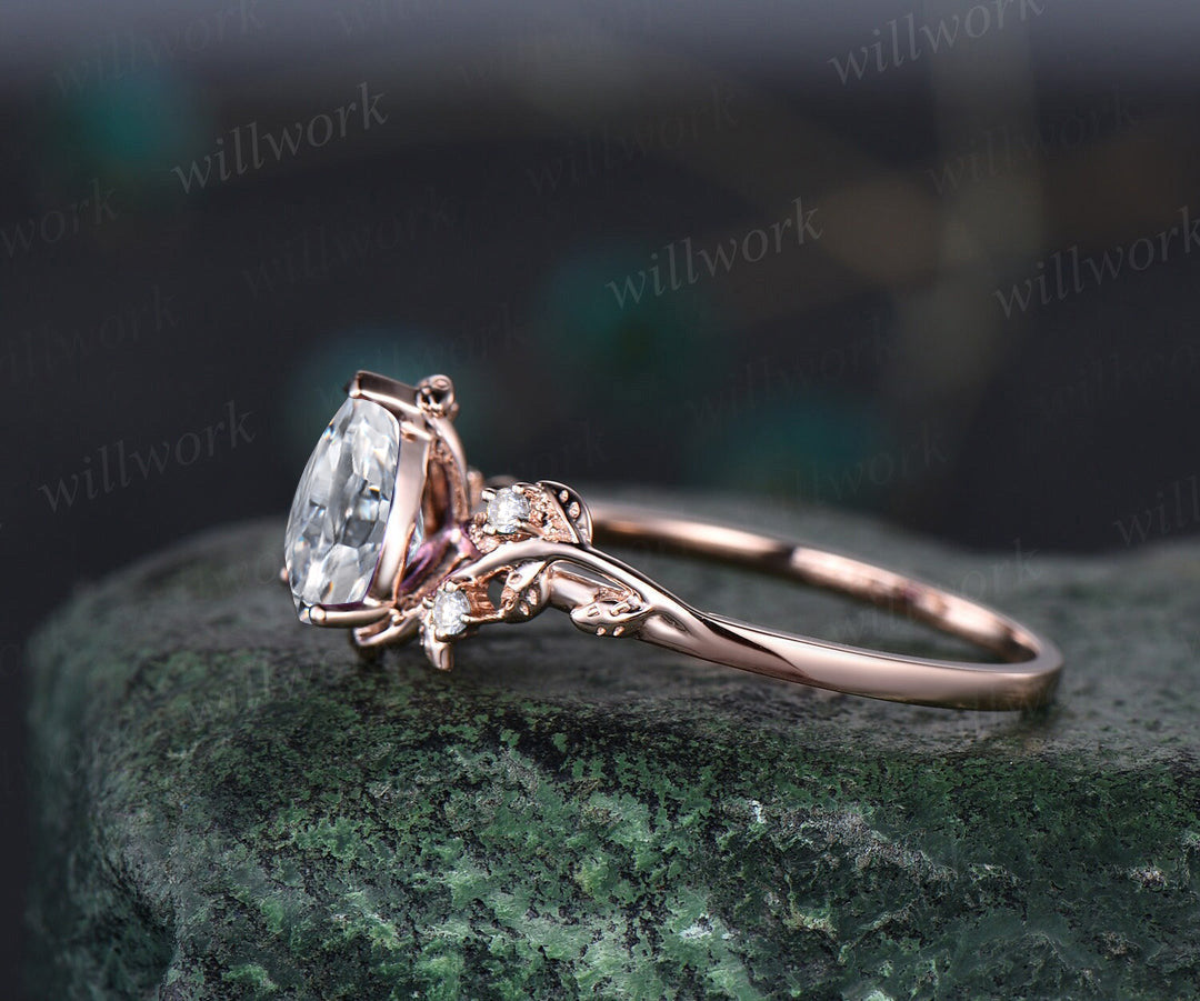 Pear Lab Grown Diamond Engagement Ring Twig Leaf Nature Inspired Ring