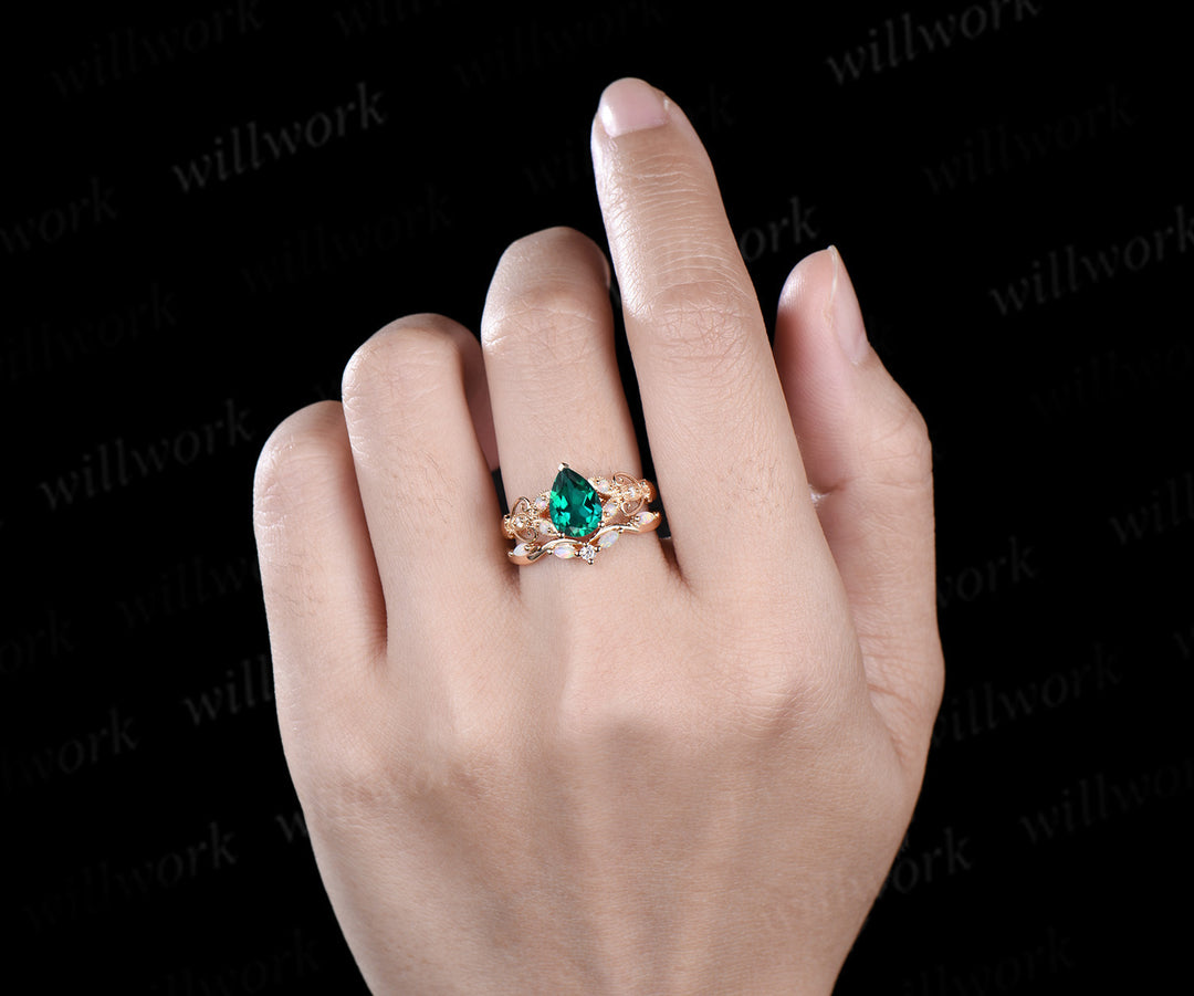 Pear shaped green emerald ring 14k yellow gold opal butterfly Milgrain engagement ring set women art deco unique wedding ring set