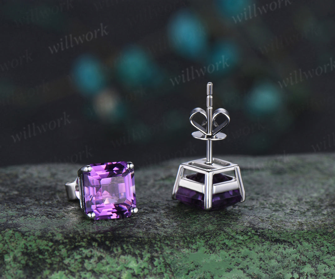 Solitaire Asscher Cut amethyst Earrings white gold Crystal Stud Earrings women February birthstone anniversary gift