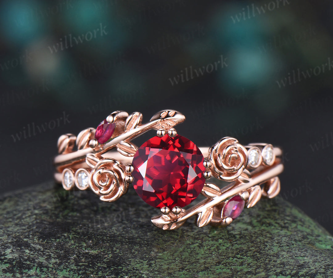 Round cut red ruby engagement ring 14k rose gold leaf floral bezel