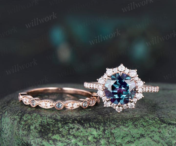 Round cut Alexandrite engagement ring set rose gold milgrain halo half eternity snowdrift diamond ring women unique moissanite bridal ring set