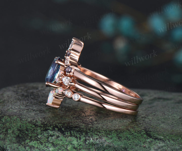 3pc oval cut alexandrite bridal set 18k rose gold alexandrite engagement ring set marquise opal stacking wedding set women