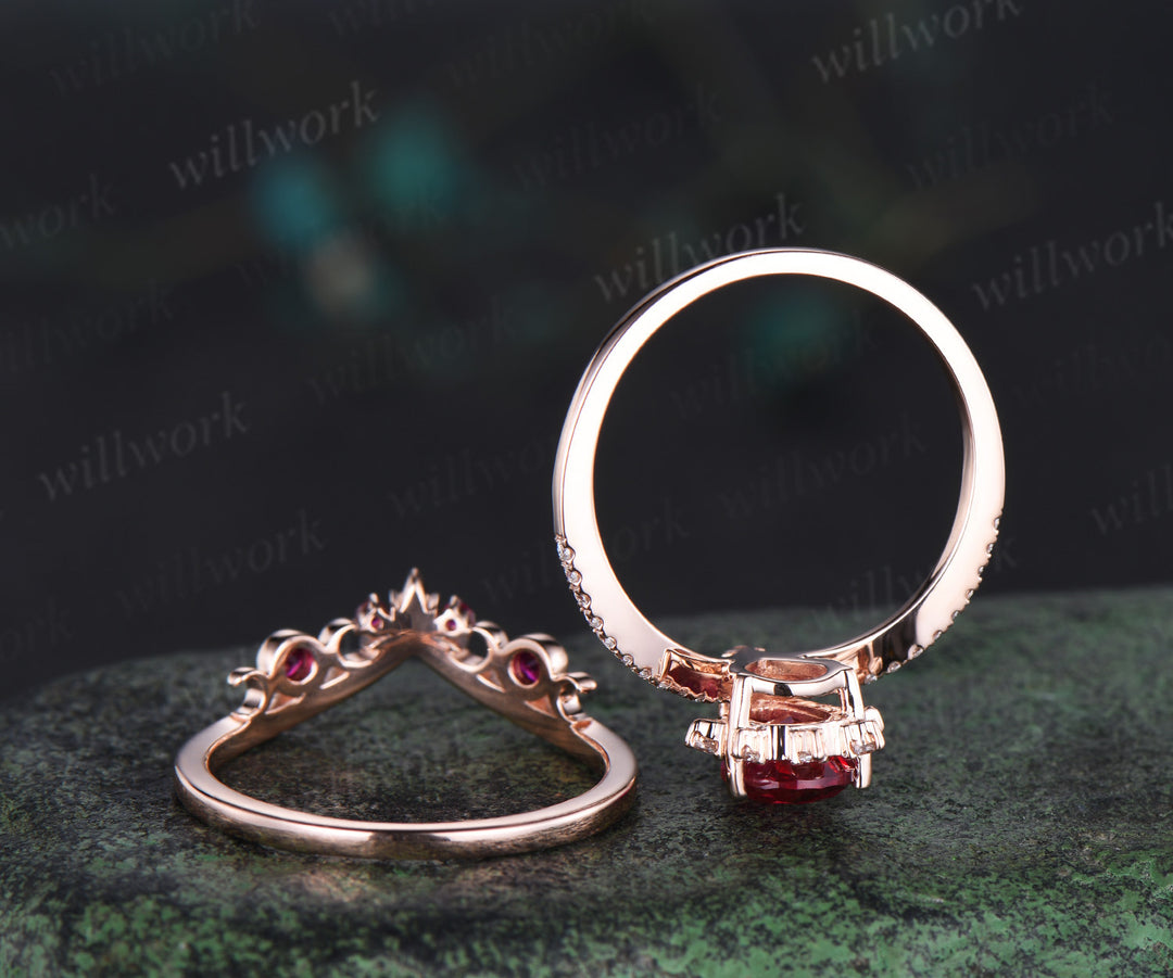 Pear red ruby ring vintage half eternity cluster rose gold engagement ring set moon bezel anniversary gift women