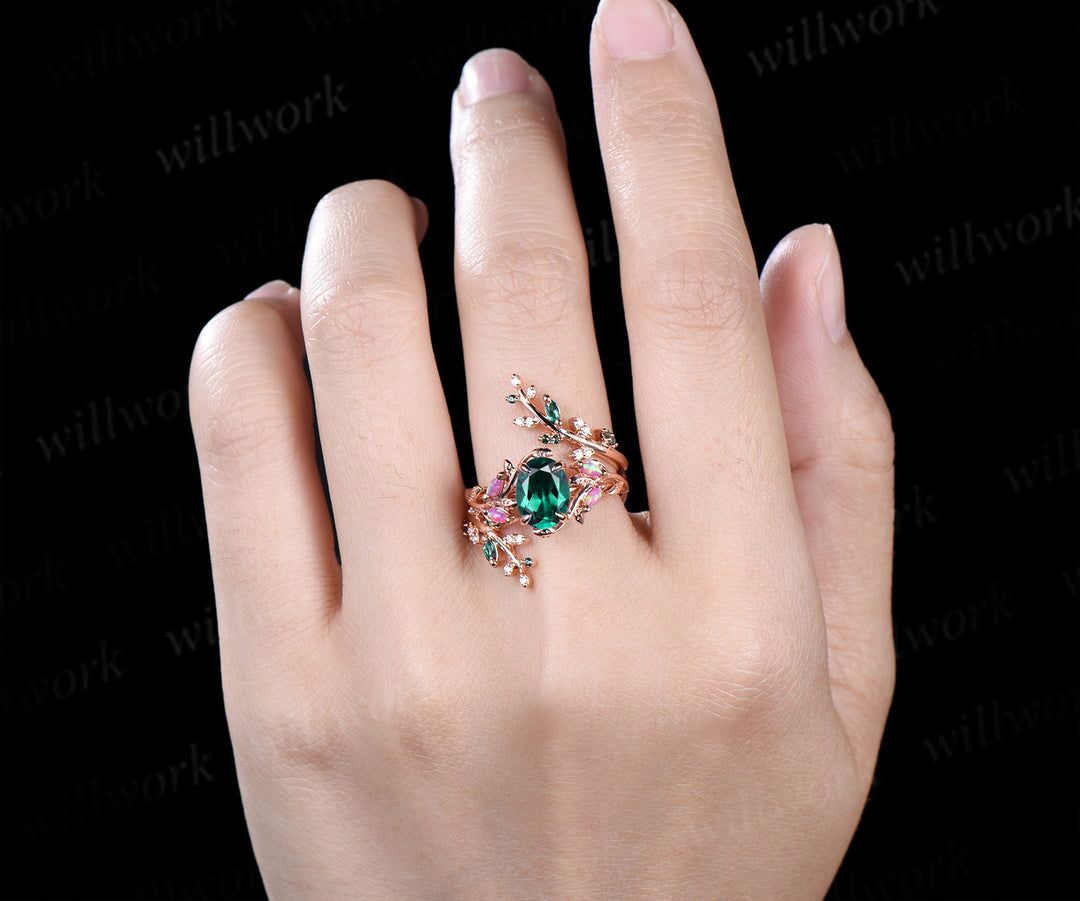 Vintage oval emerald engagement ring set marquise purple opal leaf ring marquise emerald moissanite vine wedding band bridal set