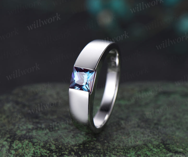 Princess Cut Color-Change Alexandrite mens Wedding Band solid 14k white gold Color-Change Gemston Unique Anniversary Gifts men