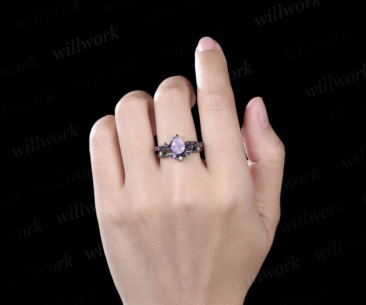 Nature Inspired Pear Lavender Amethyst pearl Bridal Set 14k black gold Unique Twig Vine Teardrop Engagement Ring Ring Set women