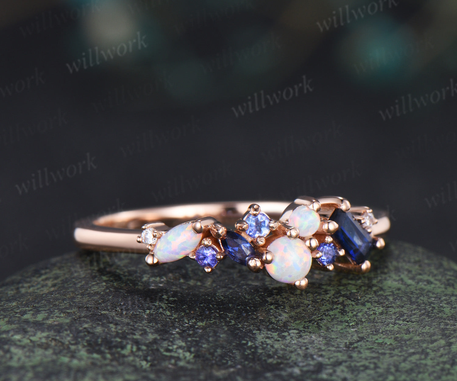 Baguette sapphire natural tanzanite wedding band dainty opal