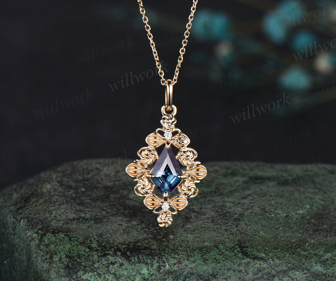 14k rose gold kite cut necklace Alexandrite necklace luxurious retro pendant birthday gift for her