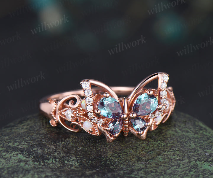 Butterfly alexandrite engagement ring pear cut alexandrite opal moissanite filigree milgrain ring unique nature inspired bridal wedding ring