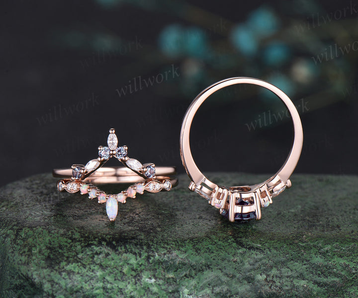 3pc oval cut alexandrite bridal set 18k rose gold alexandrite engagement ring set marquise opal stacking wedding set women