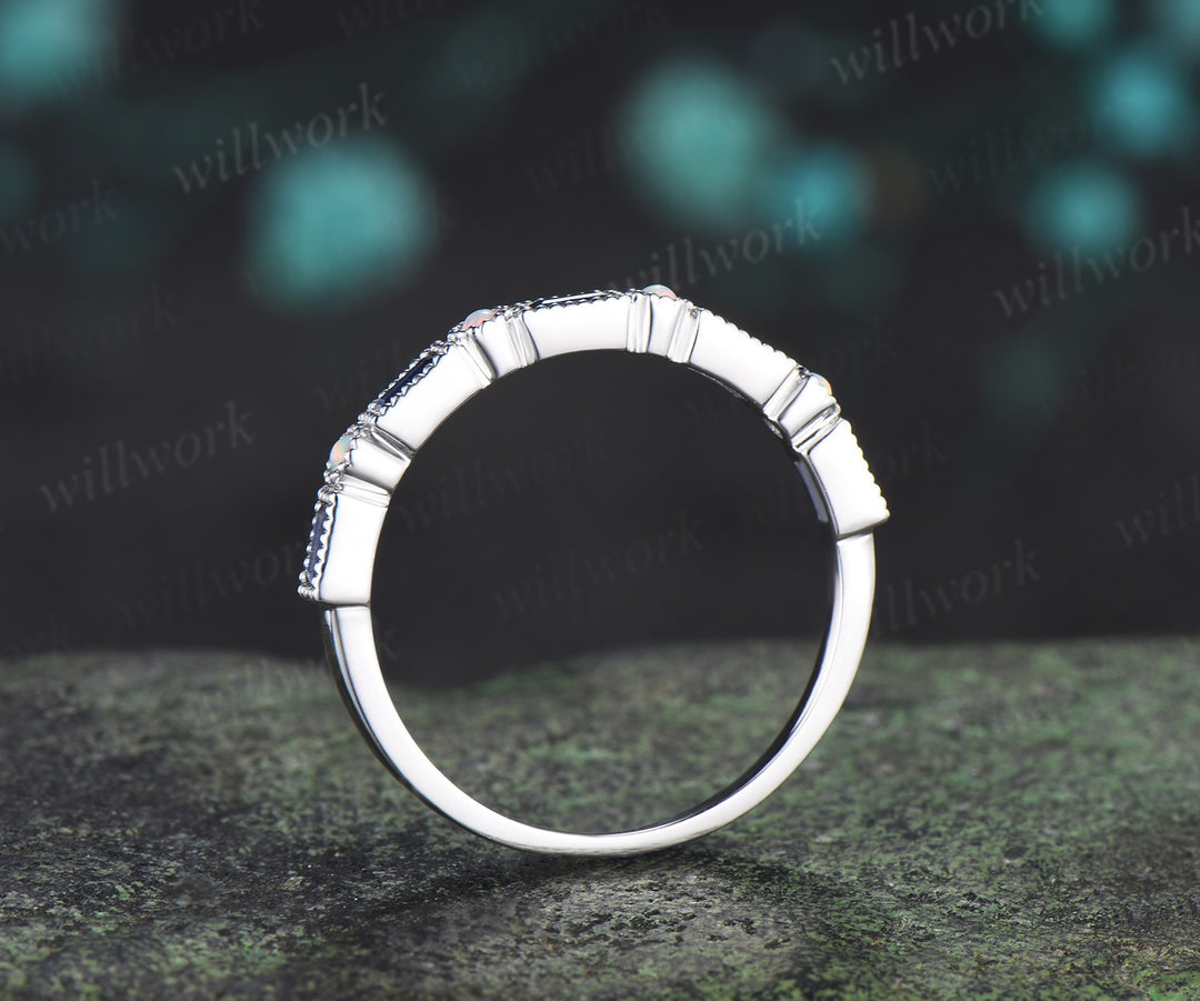 Baguette cut sapphire opal wedding band milgrain half eternity wedding ring band vintage unique stacking ring gifts for her
