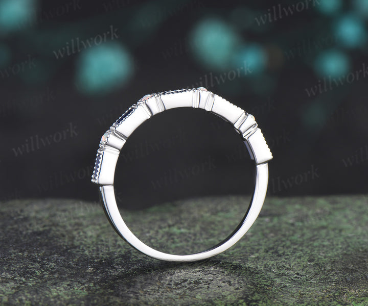 Baguette cut sapphire opal wedding band milgrain half eternity wedding ring band vintage unique stacking ring gifts for her
