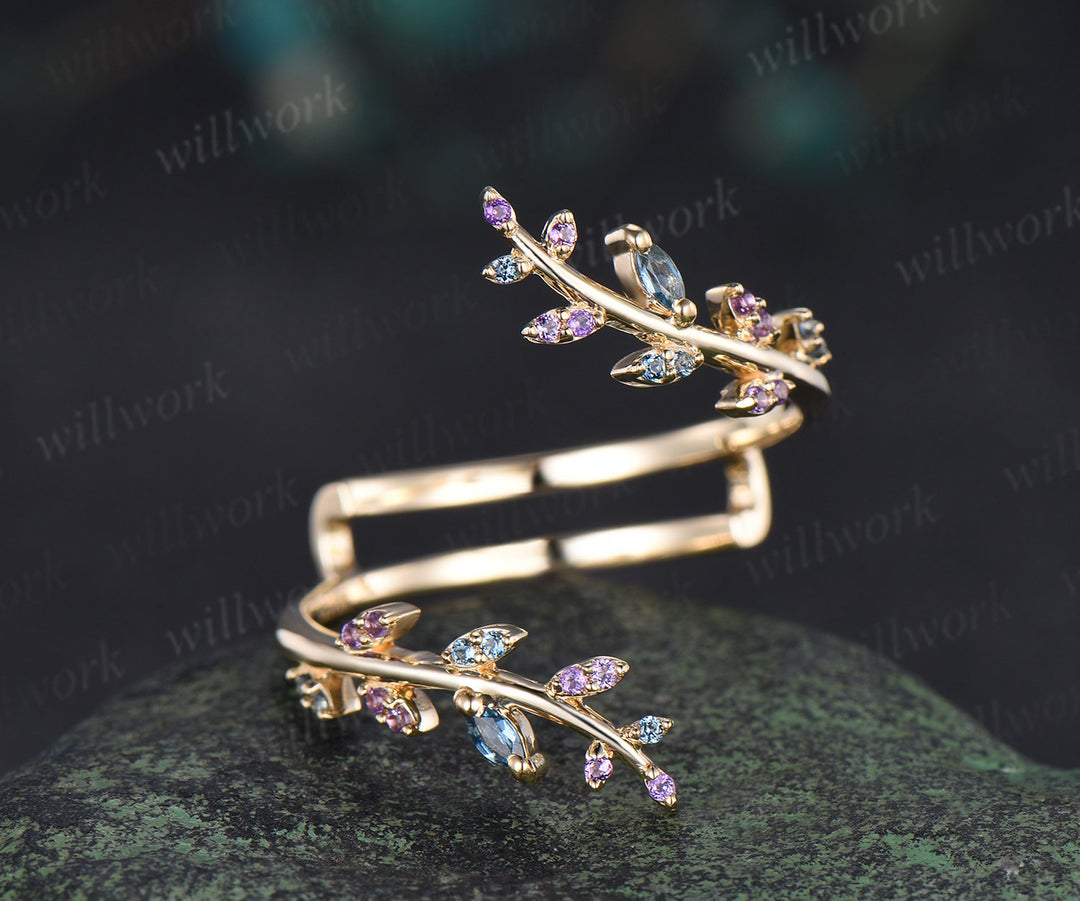 Natural London blue topaz amethyst wedding band enhancer wraps solid 14k yellow gold cluster leaf twig ring open gap band