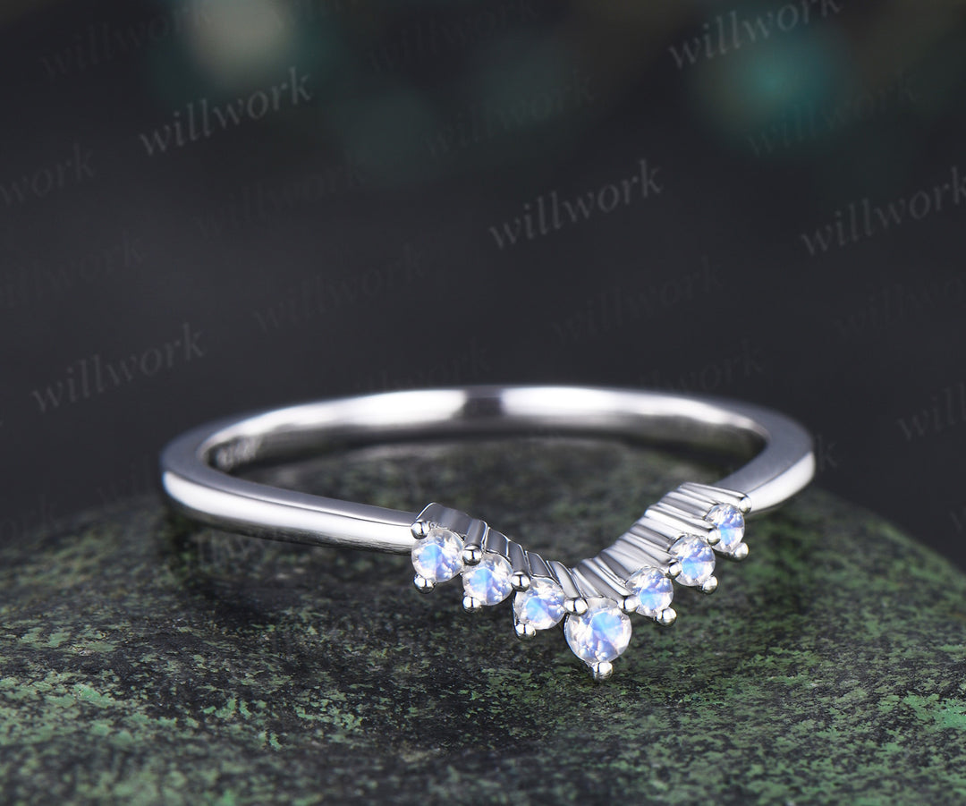 Moonstone wedding band dainty curved blue gemstone stackable ring silver white gold matching band gifts for women
